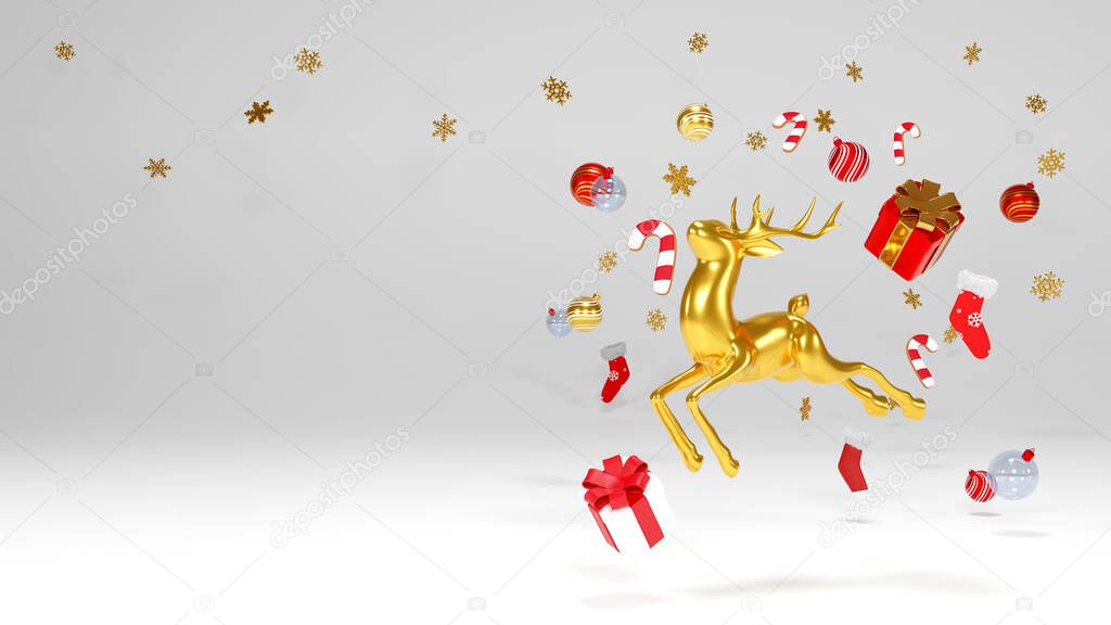 Merry Christmas and Happy New Year. Christmas realistic metallic gold-colored deer. Holiday Xmas background., 3d rendering.