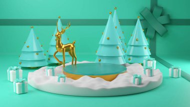 Mutlu Noeller ve mutlu yıllar 2022, Neon ışıklı Noel ağaçları, hediye kutusu, boş yuvarlak sahne, podyum. 3d oluşturma.