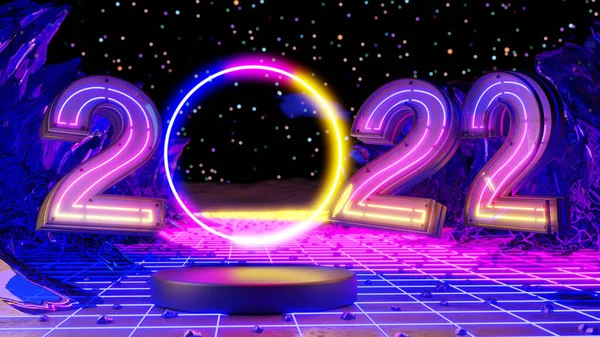 Веселі Грими Щасливий Новий Рік 2022 Року Неонові Світлі Ялинки — стокове фото