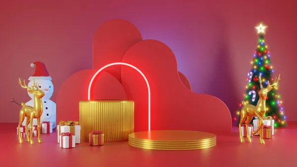 圣诞快乐和2022年新年快乐 霓虹灯下的圣诞树 礼品盒 空荡荡的现实舞台 3D渲染 — 图库照片