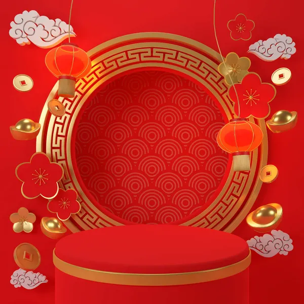 3Dレンダリング 中国の旧正月 幾何学的表彰台付き中国式背景 — ストック写真