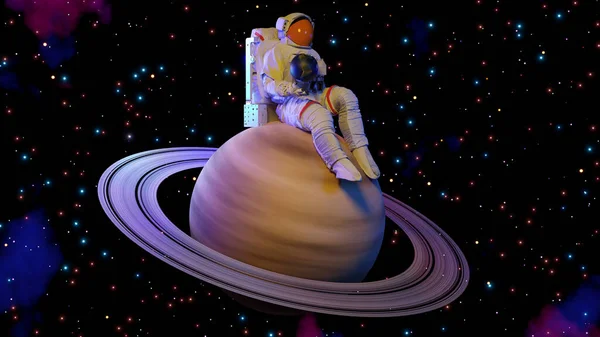 Astronaut Sitting Saturn Space Background Rendering — Stock Photo, Image