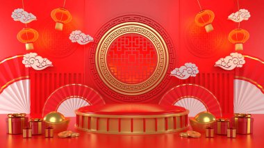 3 boyutlu görüntüleme. Çin Yeni Yılı. Geometrik podyumlarla Çin tarzı arkaplan.