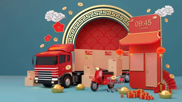 Commerce Concept Chinees Nieuwjaar Online Winkelen Bezorgservice Mobiele Applicatie Rendering — Stockfoto