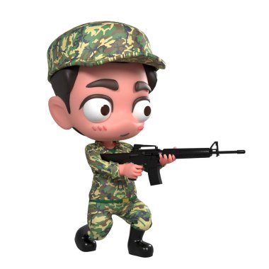 Sevimli asker karikatür SD Model 3D canlandırma karakteri. 3D görüntüleme. Paht kırpılıyor