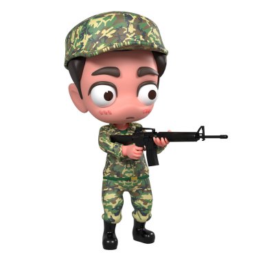 Sevimli asker karikatür SD Model 3D canlandırma karakteri. 3D görüntüleme. Paht kırpılıyor