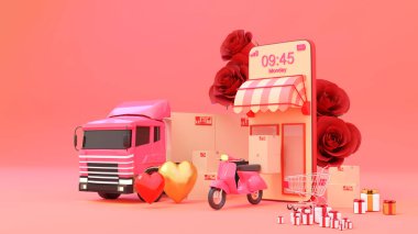 Sevgililer Günü 'nde e-ticaret konsepti, İnternet üzerinden alışveriş ve mobil uygulamadan dağıtım hizmeti..