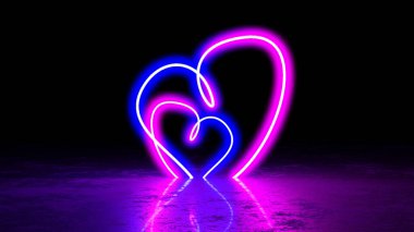 3d render glowing heart lines, tunnel, neon lights, virtual reality, abstract background.