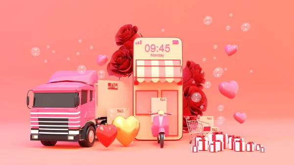 Commerce Concept Valentine Day Αγορές Online Και Υπηρεσίες Παράδοσης Mobile — Φωτογραφία Αρχείου