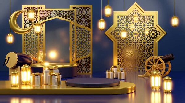 Islamic product display mock up. Podium, crescent moon, lantern, gift box. Ramadan, Islamic New Year. 3D rendering. — Stock Image Islamic Product Display Mock Podium Crescent Moon Lantern Gift Box Royalty Free Stock Images