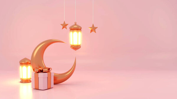Islamic product display mock up. Podium, crescent moon, lantern, gift box. Ramadan, Islamic New Year. 3D rendering. — Stock Image Islamic Product Display Mock Podium Crescent Moon Lantern Gift Box Stock Image