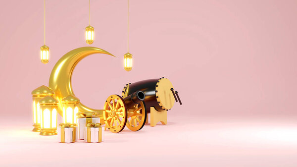 Islamic product display mock up. Podium, crescent moon, lantern, gift box. Ramadan, Islamic New Year. 3D rendering. — Stock Image Islamic Product Display Mock Podium Crescent Moon Lantern Gift Box Royalty Free Stock Images