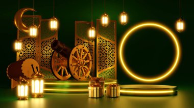 İslami ürün tanıtımı. Podyum, hilal, fener, hediye kutusu. Ramazan, İslam Yeni Yılı. 3B görüntüleme.