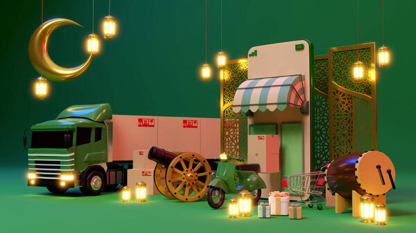 Islamic product display mock up. Podium, crescent moon, lantern, gift box. Ramadan, Islamic New Year. 3D rendering. — Stock Image Islamic Product Display Mock Podium Crescent Moon Lantern Gift Box Stock Image