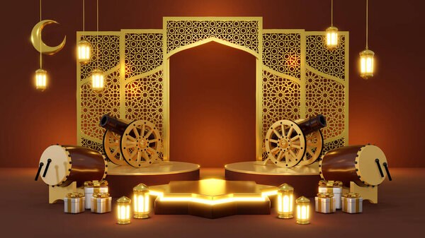 Islamic product display mock up. Podium, crescent moon, lantern, gift box. Ramadan, Islamic New Year. 3D rendering. — Stock Image Islamic Product Display Mock Podium Crescent Moon Lantern Gift Box Stock Picture
