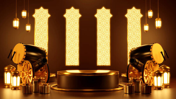 Islamic product display mock up. Podium, crescent moon, lantern, gift box. Ramadan, Islamic New Year. 3D rendering. — Stock Image Islamic Product Display Mock Podium Crescent Moon Lantern Gift Box Royalty Free Stock Photos