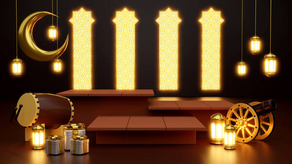 Islamic product display mock up. Podium, crescent moon, lantern, gift box. Ramadan, Islamic New Year. 3D rendering. — Stock Image Islamic Product Display Mock Podium Crescent Moon Lantern Gift Box Stock Photo