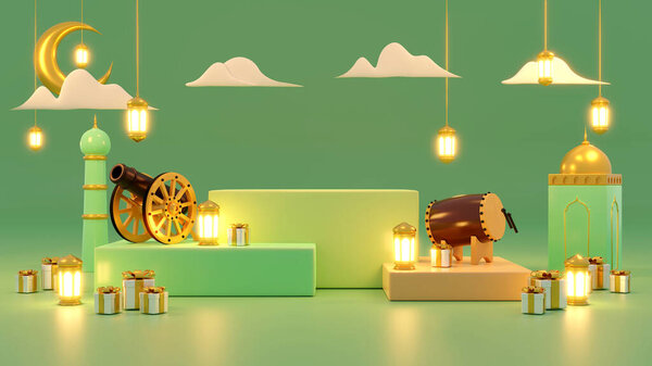 Islamic product display mock up. Podium, crescent moon, lantern, gift box. Ramadan, Islamic New Year. 3D rendering. — Stock Image Islamic Product Display Mock Podium Crescent Moon Lantern Gift Box Stock Image