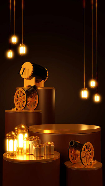 Islamic product display mock up. Podium, crescent moon, lantern, gift box. Ramadan, Islamic New Year. 3D rendering. — Stock Image Islamic Product Display Mock Podium Crescent Moon Lantern Gift Box Stock Picture