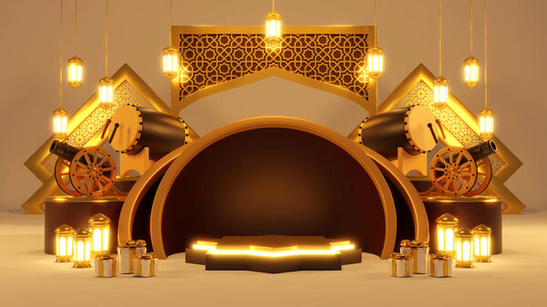 Islamic product display mock up. Podium, crescent moon, lantern, gift box. Ramadan, Islamic New Year. 3D rendering. — Stock Image Islamic Product Display Mock Podium Crescent Moon Lantern Gift Box Stock Photo