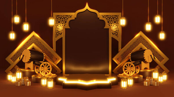 Islamic product display mock up. Podium, crescent moon, lantern, gift box. Ramadan, Islamic New Year. 3D rendering. — Stock Image Islamic Product Display Mock Podium Crescent Moon Lantern Gift Box Royalty Free Stock Images