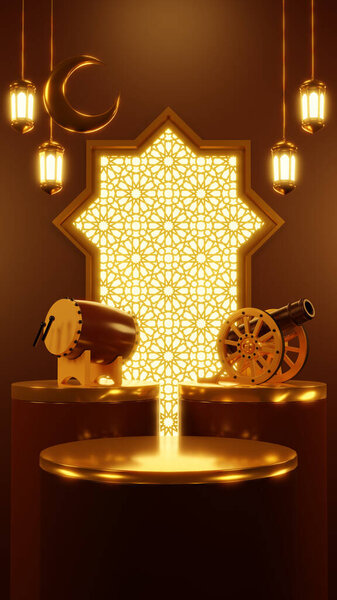 Islamic product display mock up. Podium, crescent moon, lantern, gift box. Ramadan, Islamic New Year. 3D rendering. — Stock Image Islamic Product Display Mock Podium Crescent Moon Lantern Gift Box Stock Photo