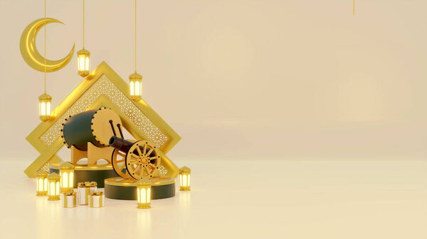 Islamic product display mock up. Podium, crescent moon, lantern, gift box. Ramadan, Islamic New Year. 3D rendering. — Stock Image Islamic Product Display Mock Podium Crescent Moon Lantern Gift Box Stock Image