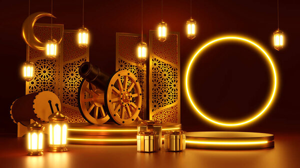 Islamic product display mock up. Podium, crescent moon, lantern, gift box. Ramadan, Islamic New Year. 3D rendering. — Stock Image Islamic Product Display Mock Podium Crescent Moon Lantern Gift Box Royalty Free Stock Photos