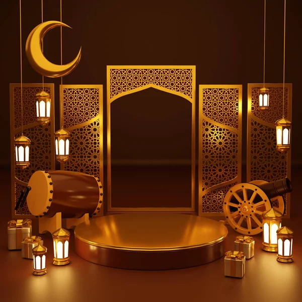 Islamic Product Display Mock Podium Crescent Moon Lantern Gift Box — Stock Photo, Image