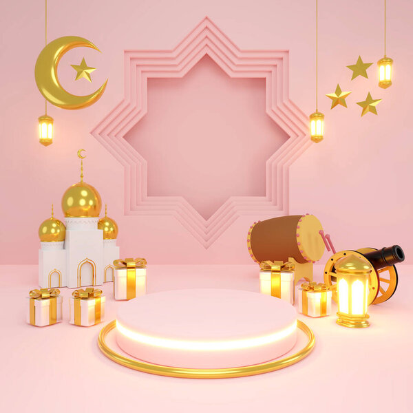 Islamic product display mock up. Podium, crescent moon, lantern, gift box. Ramadan, Islamic New Year. 3D rendering. — Stock Image Islamic Product Display Mock Podium Crescent Moon Lantern Gift Box Stock Picture