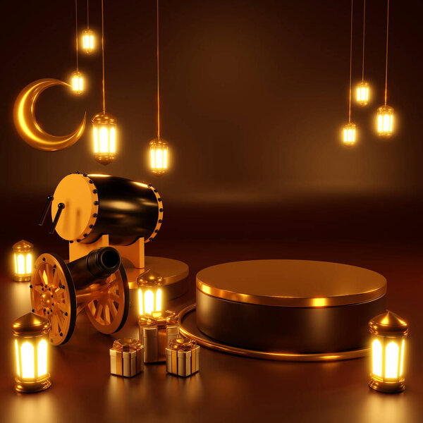 Islamic product display mock up. Podium, crescent moon, lantern, gift box. Ramadan, Islamic New Year. 3D rendering. — Stock Image Islamic Product Display Mock Podium Crescent Moon Lantern Gift Box Stock Photo