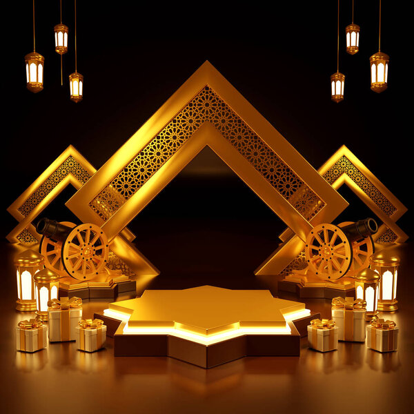 Islamic product display mock up. Podium, crescent moon, lantern, gift box. Ramadan, Islamic New Year. 3D rendering. — Stock Image Islamic Product Display Mock Podium Crescent Moon Lantern Gift Box Royalty Free Stock Images