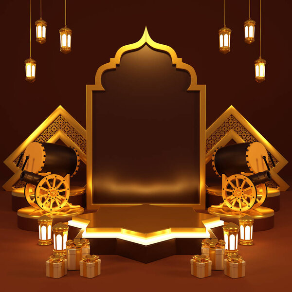 Islamic product display mock up. Podium, crescent moon, lantern, gift box. Ramadan, Islamic New Year. 3D rendering. — Stock Image Islamic Product Display Mock Podium Crescent Moon Lantern Gift Box Royalty Free Stock Images