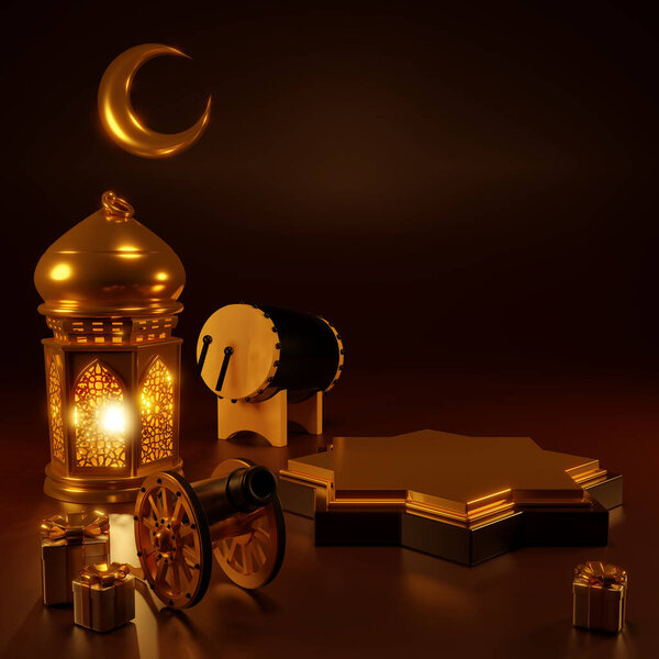 Islamic product display mock up. Podium, crescent moon, lantern, gift box. Ramadan, Islamic New Year. 3D rendering. — Stock Image Islamic Product Display Mock Podium Crescent Moon Lantern Gift Box Royalty Free Stock Images