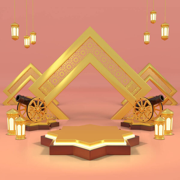 Islamic product display mock up. Podium, crescent moon, lantern, gift box. Ramadan, Islamic New Year. 3D rendering. PSD File. — Stock Image Islamic Product Display Mock Podium Crescent Moon Lantern Gift Box Royalty Free Stock Images