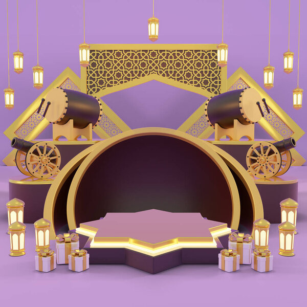 Islamic product display mock up. Podium, crescent moon, lantern, gift box. Ramadan, Islamic New Year. 3D rendering. — Stock Image Islamic Product Display Mock Podium Crescent Moon Lantern Gift Box Stock Image