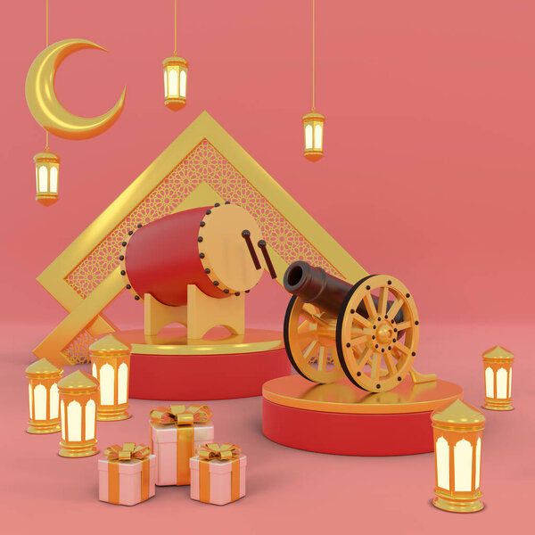 Islamic product display mock up. Podium, crescent moon, lantern, gift box. Ramadan, Islamic New Year. 3D rendering. — Stock Image Islamic Product Display Mock Podium Crescent Moon Lantern Gift Box Royalty Free Stock Images