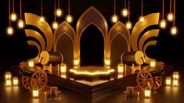 Islamic product display mock up. Podium, crescent moon, lantern, gift box. Ramadan, Islamic New Year. 3D rendering. — Stock Image Islamic Product Display Mock Podium Crescent Moon Lantern Gift Box Stock Photo