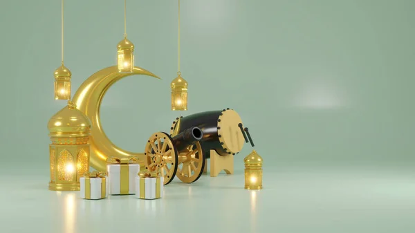 Islamic Product Display Mock Podium Crescent Moon Lantern Gift Box — Stock Photo, Image