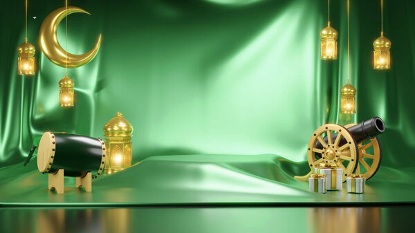 Islamic product display mock up. Podium, crescent moon, lantern, gift box. Ramadan, Islamic New Year. 3D rendering. — Stock Image Islamic Product Display Mock Podium Crescent Moon Lantern Gift Box Stock Picture