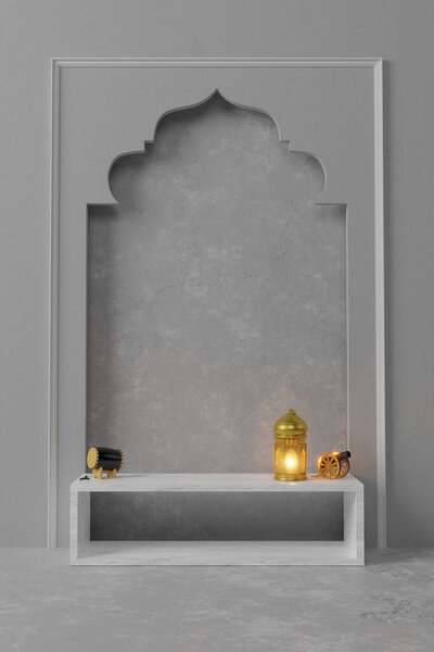 Islamic product display mock up. Podium, crescent moon, lantern, gift box. Ramadan, Islamic New Year. 3D rendering. — Stock Image Islamic Product Display Mock Podium Crescent Moon Lantern Gift Box Stock Image