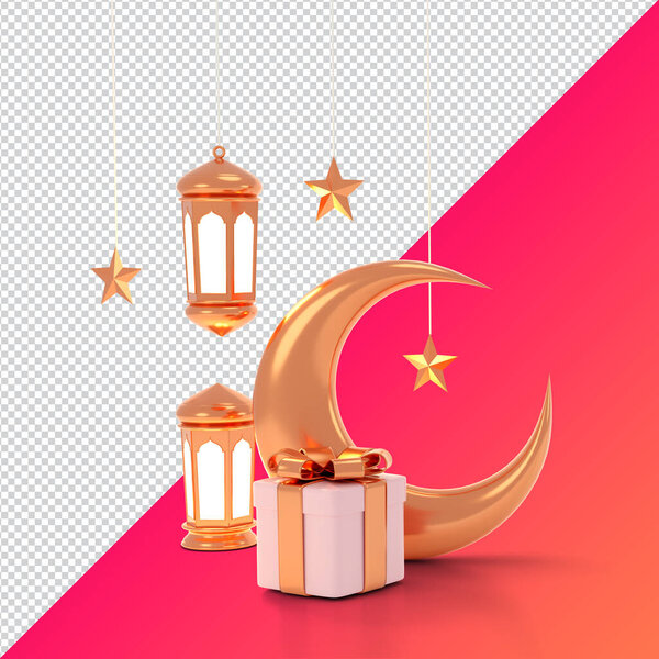 Islamic product display mock up. Podium, crescent moon, lantern, gift box. Ramadan, Islamic New Year. 3D rendering. clipping paht — Stock Image Islamic Product Display Mock Podium Crescent Moon Lantern Gift Box Stock Picture