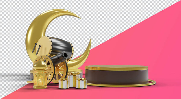 Islamic product display mock up. Podium, crescent moon, lantern, gift box. Ramadan, Islamic New Year. 3D rendering. clipping paht — Stock Image Islamic Product Display Mock Podium Crescent Moon Lantern Gift Box Royalty Free Stock Images