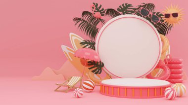Yaz arkaplanlı 3D podyum palmiye yaprakları.