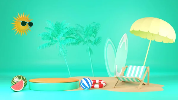 Renderização Caixa Pódio Palma Folhas Com Fundo Verão — Fotografia de Stock