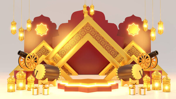 Islamic product display mock up. Podium, crescent moon, lantern, gift box. Ramadan, Islamic New Year. 3D rendering. — Stock Image Islamic Product Display Mock Podium Crescent Moon Lantern Gift Box Stock Picture