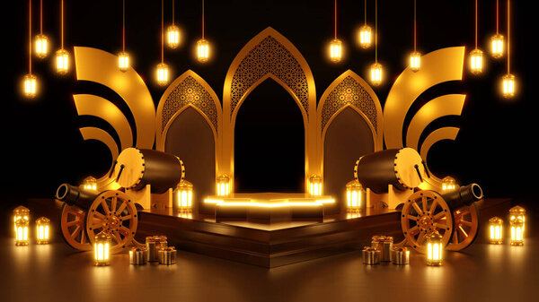 Islamic product display mock up. Podium, crescent moon, lantern, gift box. Ramadan, Islamic New Year. 3D rendering. — Stock Image Islamic Product Display Mock Podium Crescent Moon Lantern Gift Box Stock Picture