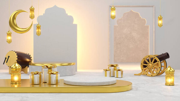 Islamic product display mock up. Podium, crescent moon, lantern, gift box. Ramadan, Islamic New Year. 3D rendering. — Stock Image Islamic Product Display Mock Podium Crescent Moon Lantern Gift Box Royalty Free Stock Images