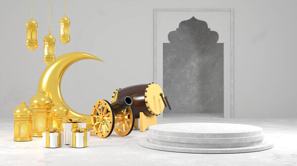 Islamic product display mock up. Podium, crescent moon, lantern, gift box. Ramadan, Islamic New Year. 3D rendering. — Stock Image Islamic Product Display Mock Podium Crescent Moon Lantern Gift Box Stock Photo