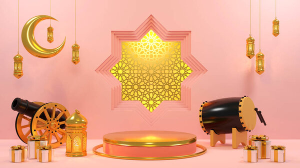 Islamic product display mock up. Podium, crescent moon, lantern, gift box. Ramadan, Islamic New Year. 3D rendering. — Stock Image Islamic Product Display Mock Podium Crescent Moon Lantern Gift Box Stock Image